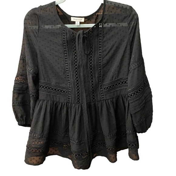 Stellah popover peplum Black Lace babydoll Blouse Top Shirt Size Medium l - Picture 1 of 6